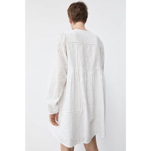 ZARA Openwork Embroidered Long Sleeve White Dress Lined Oversized - Picture 2 of 4